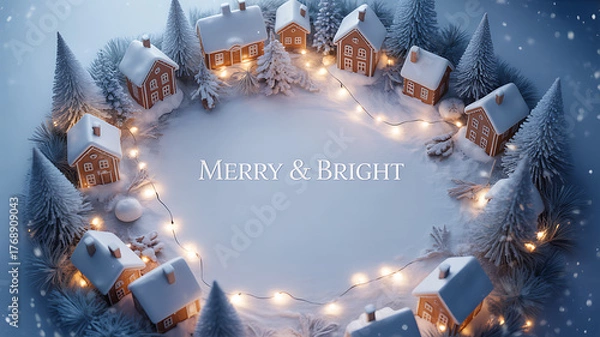Fototapeta A festive winter scene with snow-covered houses arranged in a circle, illuminated by warm string lights and surrounded by snowy evergreen trees.
