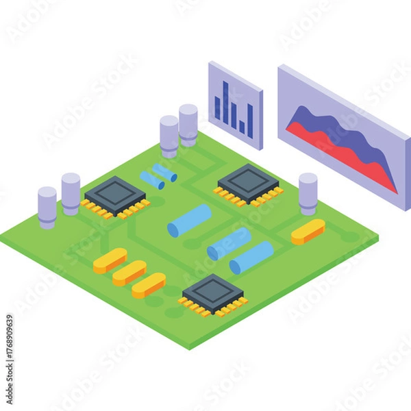 Fototapeta Green Circuit Board with Microchips and Data Charts Illustrating Technology and Analytics