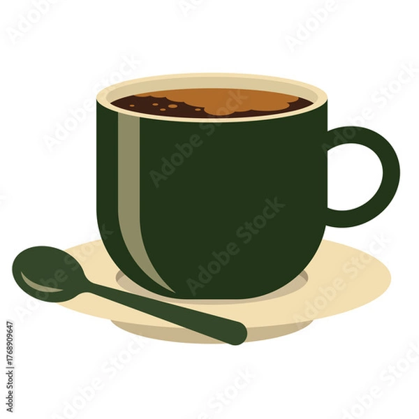 Fototapeta Green Coffee Cup With Spoon And Saucer On White Background Pixel Art Style