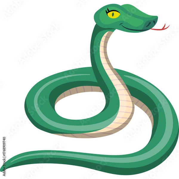 Fototapeta Green cartoon snake coiled with yellow eye and red tongue flicking against a white background with pixelated details