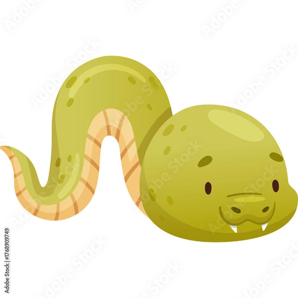 Fototapeta Green cartoon snake with playful eyes and fangs on a transparent background