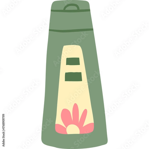 Fototapeta Green Cartoon Tube Container With Yellow Label Featuring Pink Flower And Green Dots Isolated On Transparent Background Minimalist Graphic Design Object