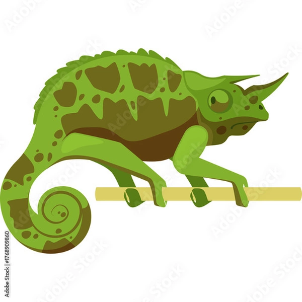 Fototapeta Green Chameleon With Horns Perched On A Thin Branch Detailed Pixel Art Style