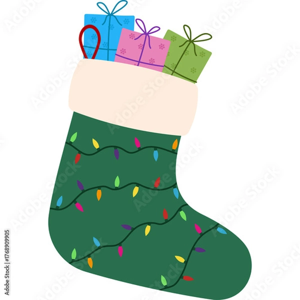 Fototapeta Green Christmas Stocking Filled With Gifts and Decorated With Colorful Lights Festive Holiday Symbol