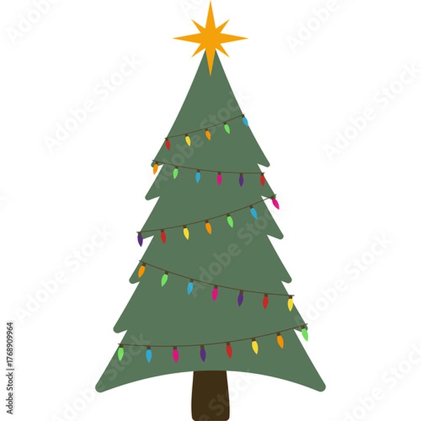 Fototapeta Green Christmas Tree Decorated With Colorful Lights And A Star On Top With A Transparent Background For Holiday Celebrations
