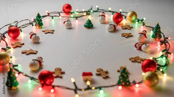 Fototapeta Christmas decorations arranged in a circular pattern with lights, ornaments, and figurines on a white surface
