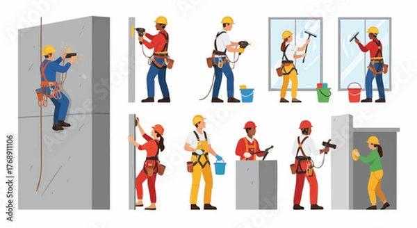 Fototapeta Diverse construction workers performing various tasks, including climbing, drilling, and cleaning windows, in a vector illustration.