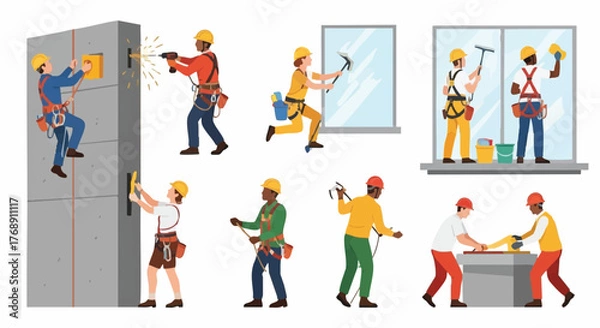 Fototapeta Diverse construction workers performing various tasks, including window cleaning, drilling, and working on building facades, in a vector illustration.