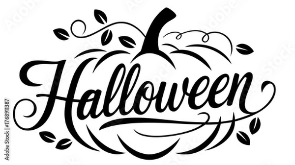 Obraz Halloween lettering inside pumpkin outline with curly leaves