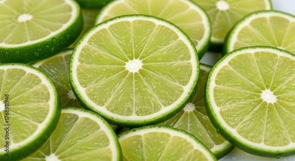 Obraz shot showcases several vibrant green lime slices, cut into perfect rounds with their distinctive segmented interiors visible, creating a fresh, appealing, and refreshing visual appeal against a...