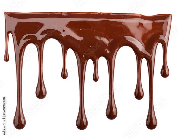 Fototapeta Dripping, glossy chocolate cascade over black background. Tempting dark dessert drips in a sweet, shiny stream