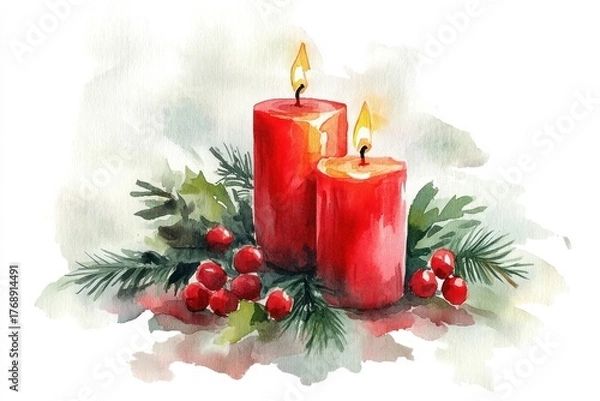 Fototapeta Festive red candles with greenery