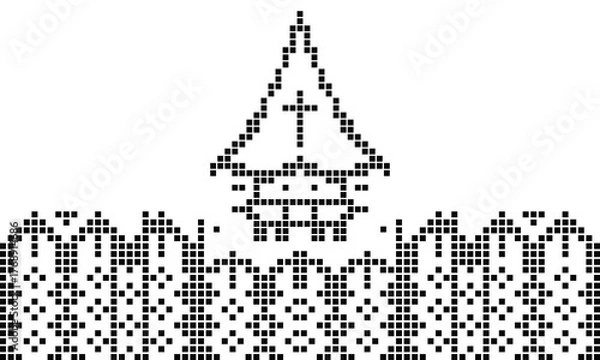 Obraz Monochromatic Pixelated Temple with Cross and Ornate Edging