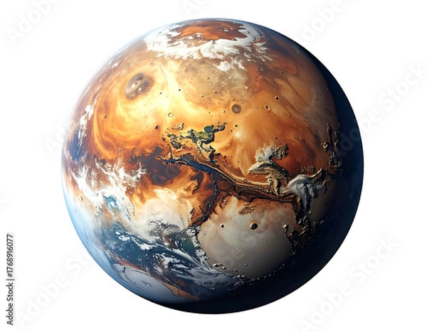 Fototapeta Earth-like Mars planet rendered with clouds and varied terrain, floating in a dark space environment