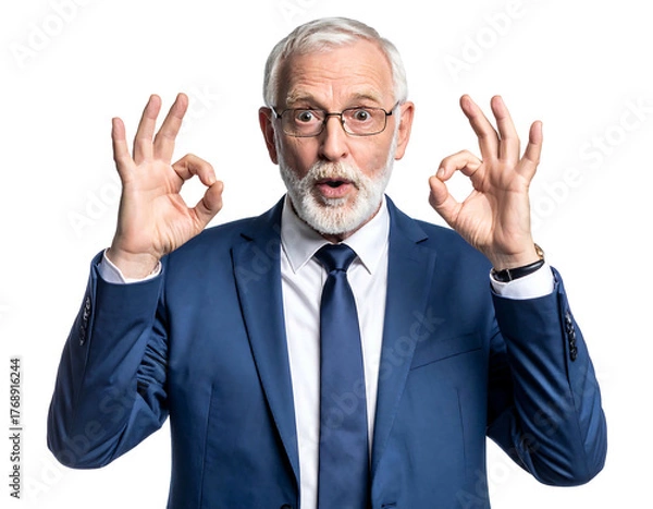 Fototapeta Ecstatic older man with beard in suit makes 'okay' hand gestures against a plain, dark background, looking at camera