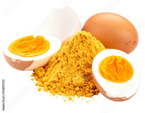 Fototapeta Eggs, halved and whole, with shell and pile of yellow powder on a black background