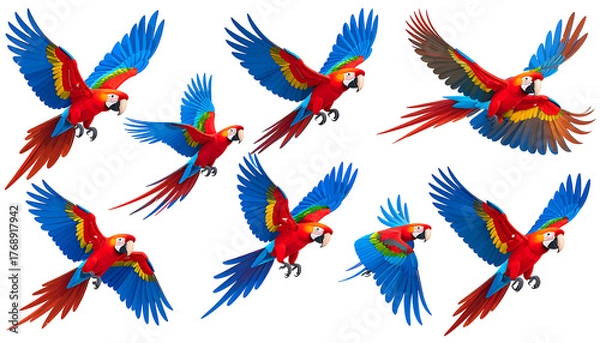 Fototapeta Eight colorful parrots flying in various directions against a black background