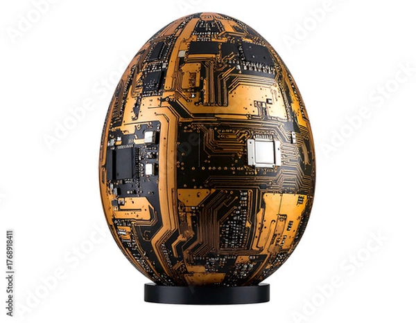 Fototapeta Egg-shaped object covered in golden circuit boards on a small black base, isolated on black background