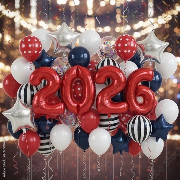 Obraz Festive and Colorful Display of Balloons and Stars Celebrating the Arrival of 2026