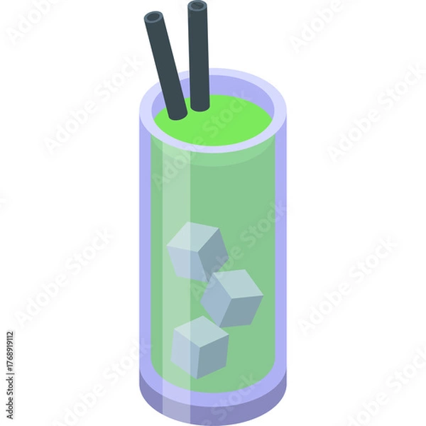 Fototapeta Green Iced Beverage With Straws And Ice Cubes In A Tall Glass With A Transparent Background Isometric Icon Representation