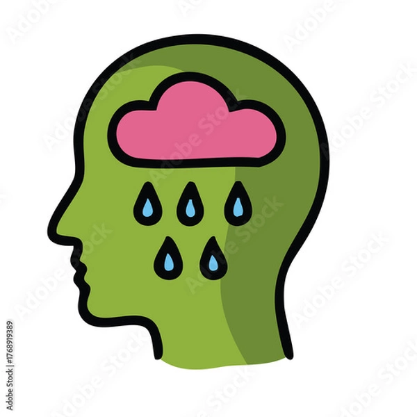 Fototapeta Green Head Profile With Pink Cloud and Blue Raindrops Inside Symbolizing Sadness and Mental Health Awareness