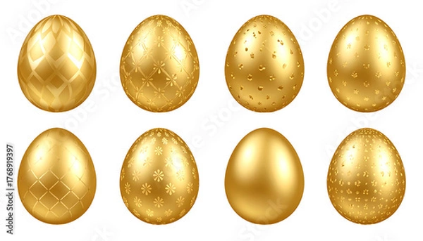 Fototapeta Eight golden eggs, some with delicate patterns, against a black backdrop