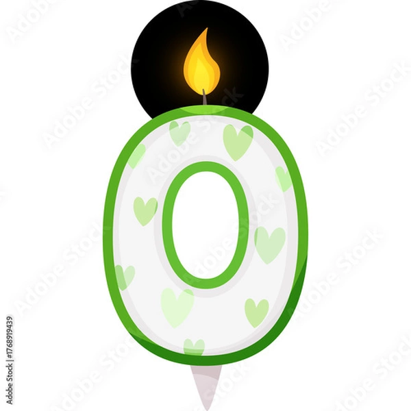 Fototapeta Green heart decorated number zero birthday candle with flame and black background isolated on white