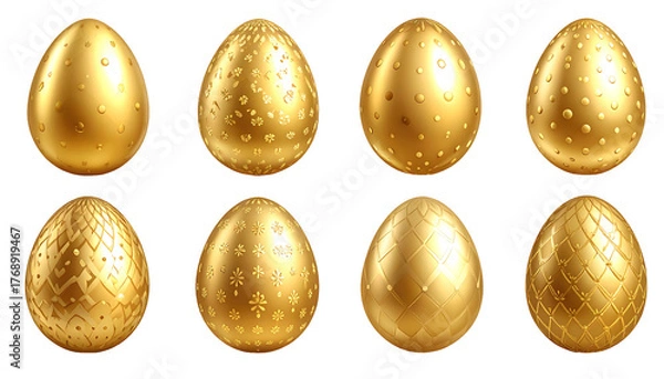 Fototapeta Eight golden Easter eggs with different textured designs, on a plain background