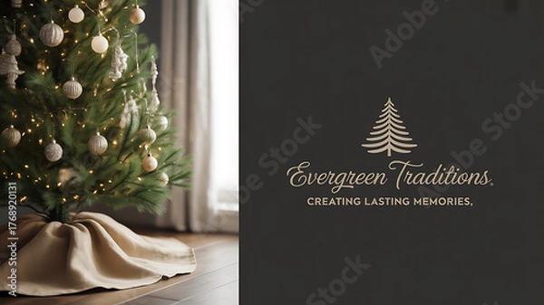 Fototapeta Decorated Christmas tree with ornaments and lights near a window, alongside a logo with text about traditions and memories.