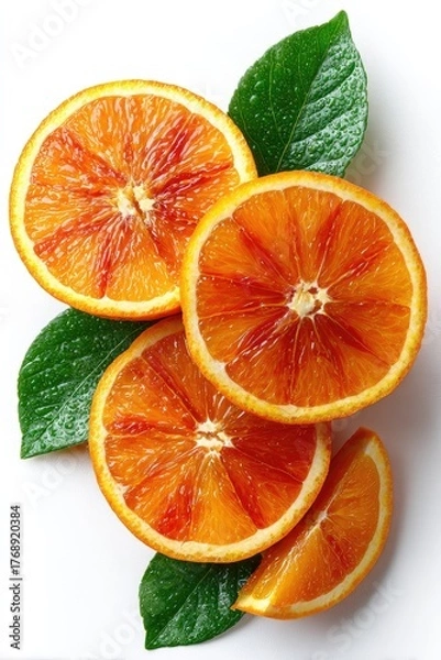 Obraz Sliced blood oranges with leaves, bright, clean image