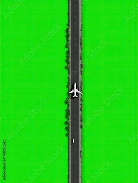 Obraz Plane over asphalt strip, green fields on either side