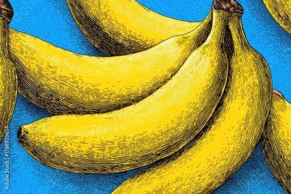 Obraz Several yellow bananas on bright blue textured background