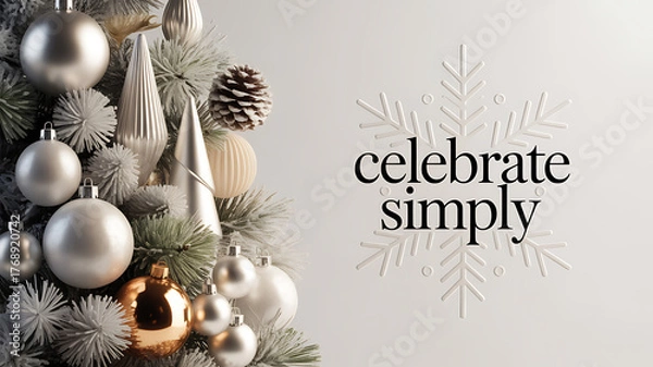 Fototapeta Minimalist Christmas tree decorated with silver and gold ornaments, pinecones, and white snowflake design with 'celebrate simply' text