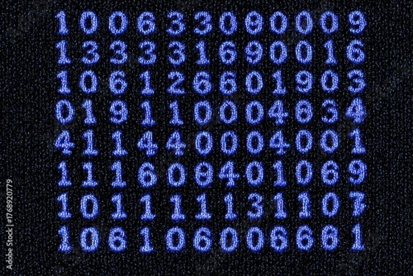 Obraz Grid of glowing blue numbers against a speckled dark background