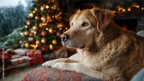 Fototapeta A dog lounges on a couch, a Christmas tree and wrapped presents in background, evoking a warm and festive atmosphere. The dog appears calm and observant, enjoying the season