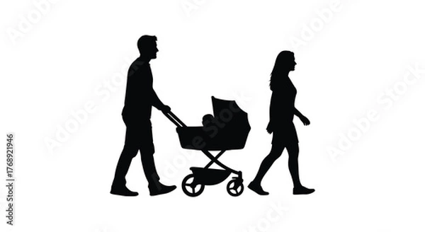Fototapeta A man and woman walking together pushing a baby stroller in a striking black silhouette