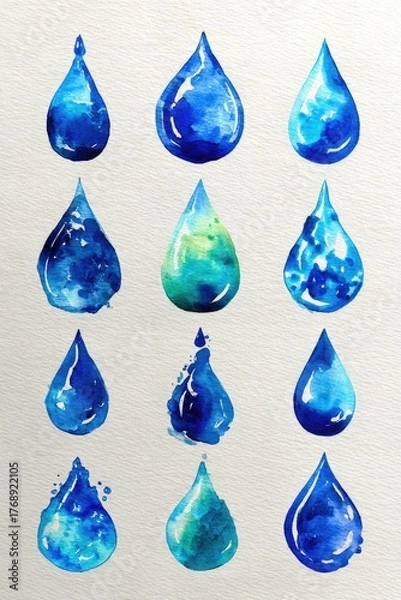 Obraz Watercolor blue teardrops in various shapes and shades