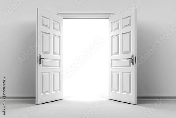 Obraz Open white door, light, white walls, neutral minimalist art