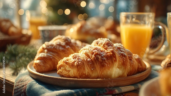 Fototapeta Close up of croissants with powdered sugar and orange juice on a table
