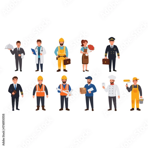 Fototapeta Diverse group of professionals including a waiter, doctor, construction worker, florist, pilot, executive, engineer, delivery person, chef, and painter