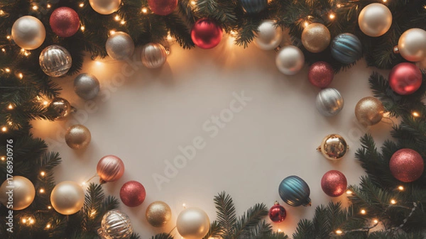 Fototapeta Christmas wreath with colorful ornaments and lights forming a circular frame