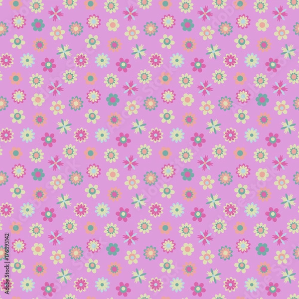 Fototapeta Seamless colorful texture with cartoon flowers in pastel tones on a pink background,vector. Pattern for decorating surfaces, print on fabric, wallpaper, packaging, gadgets, goods for children and more