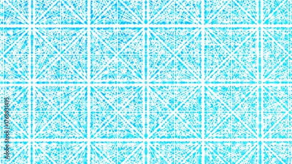 Fototapeta Geometric blue abstract ornament background. Chaotic texture of dots, squares, diamonds, particles, fragments. Cluster of cells, information grid, path, trail. Poster design for business, tech.