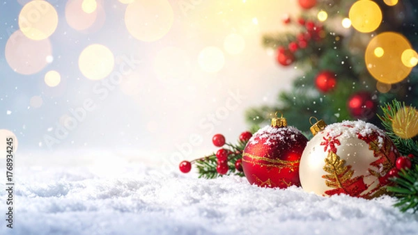 Fototapeta Christmas greeting card. Festive decoration on bokeh background. New Year concept. Copy space.