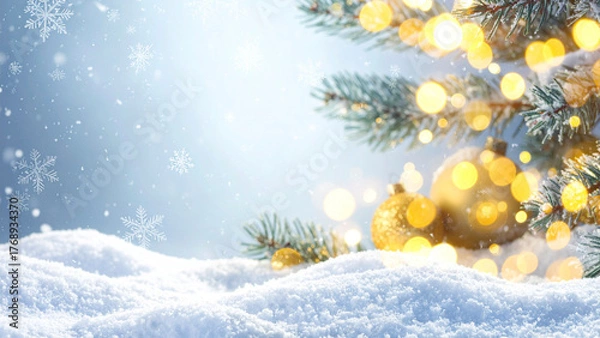 Fototapeta Christmas greeting card. Festive decoration on bokeh background. New Year concept. Copy space.