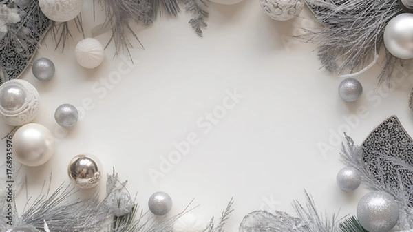 Fototapeta Silver and white Christmas ornaments arranged in a festive border on a light background