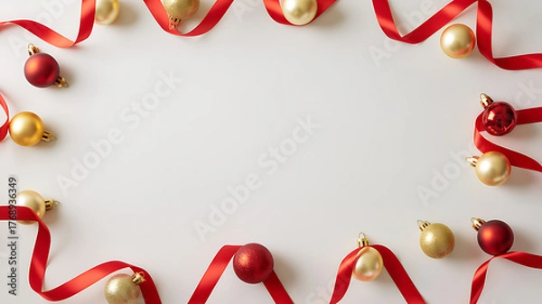 Fototapeta Red and gold Christmas ornaments arranged in a circular frame with red ribbons on a white background