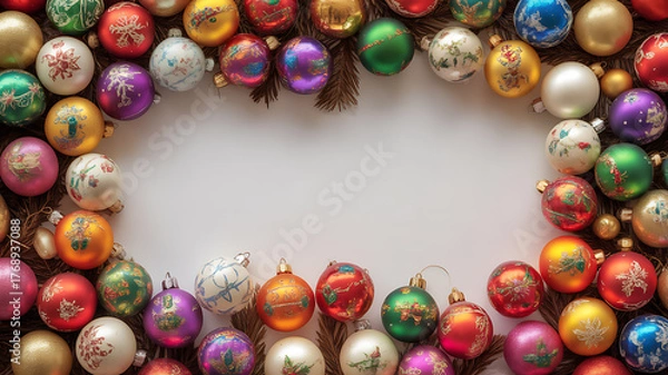 Fototapeta Colorful Christmas ornaments arranged in a circular frame with festive decorations