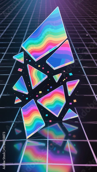Fototapeta Dynamic holographic abstract with prismatic fracture and glitch effect creating futuristic vision on dark grid