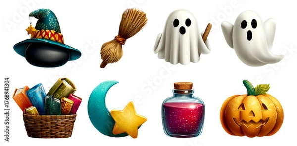 Obraz Colorful Halloween Icons with Witch Hat, Ghosts, Potion, and Pumpkin Design